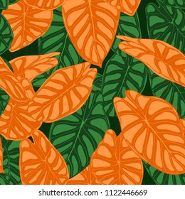 Seamless Tropical Background. Vector Leaves of Alocasia or Philodendron in Watercolor Style. Foliage of Jungle Plants. Exotic Seamless Pattern for Textile, Cloth Design, Fabric, Decor, Wrapping, Tile.