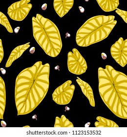 Seamless Tropical Background. Vector Leaves of Alocasia or Philodendron in Watercolor Style. Foliage of Jungle Plants. Exotic Seamless Pattern for Textile, Cloth Design, Fabric, Decor, Wrapping, Tile.