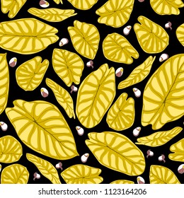 Seamless Tropical Background. Vector Leaves of Alocasia or Philodendron in Watercolor Style. Foliage of Jungle Plants. Exotic Seamless Pattern for Textile, Cloth Design, Fabric, Decor, Wrapping, Tile.