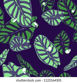 Seamless Tropical Background. Vector Leaves of Alocasia or Philodendron in Watercolor Style. Foliage of Jungle Plants. Exotic Seamless Pattern for Textile, Cloth Design, Fabric, Decor, Wrapping, Tile.