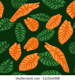 Seamless Tropical Background. Vector Leaves of Alocasia or Philodendron in Watercolor Style. Foliage of Jungle Plants. Exotic Seamless Pattern for Textile, Cloth Design, Fabric, Decor, Wrapping, Tile.
