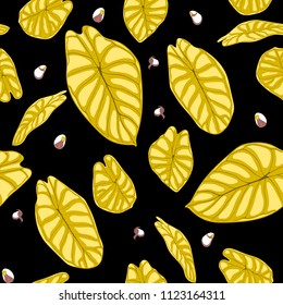 Seamless Tropical Background. Vector Leaves of Alocasia or Philodendron in Watercolor Style. Foliage of Jungle Plants. Exotic Seamless Pattern for Textile, Cloth Design, Fabric, Decor, Wrapping, Tile.