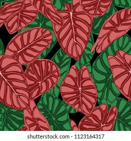 Seamless Tropical Background. Vector Leaves of Alocasia or Philodendron in Watercolor Style. Foliage of Jungle Plants. Exotic Seamless Pattern for Textile, Cloth Design, Fabric, Decor, Wrapping, Tile.