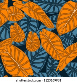 Seamless Tropical Background. Vector Leaves of Alocasia or Philodendron in Watercolor Style. Foliage of Jungle Plants. Exotic Seamless Pattern for Textile, Cloth Design, Fabric, Decor, Wrapping, Tile.