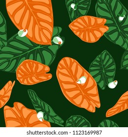 Seamless Tropical Background. Vector Leaves of Alocasia or Philodendron in Watercolor Style. Foliage of Jungle Plants. Exotic Seamless Pattern for Textile, Cloth Design, Fabric, Decor, Wrapping, Tile.