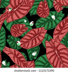 Seamless Tropical Background. Vector Leaves of Alocasia or Philodendron in Watercolor Style. Foliage of Jungle Plants. Exotic Seamless Pattern for Textile, Cloth Design, Fabric, Decor, Wrapping, Tile.