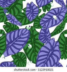 Seamless Tropical Background. Vector Leaves of Alocasia or Philodendron in Watercolor Style. Foliage of Jungle Plants. Exotic Seamless Pattern for Textile, Cloth Design, Fabric, Decor, Wrapping, Tile.