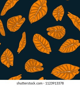 Seamless Tropical Background. Vector Leaves of Alocasia or Philodendron in Watercolor Style. Foliage of Jungle Plants. Exotic Seamless Pattern for Textile, Cloth Design, Fabric, Decor, Wrapping, Tile.