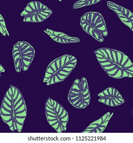 Seamless Tropical Background. Vector Leaves of Alocasia or Philodendron in Watercolor Style. Foliage of Jungle Plants. Exotic Seamless Pattern for Textile, Cloth Design, Fabric, Decor, Wrapping, Tile.