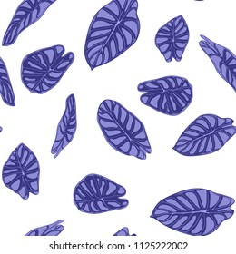 Seamless Tropical Background. Vector Leaves of Alocasia or Philodendron in Watercolor Style. Foliage of Jungle Plants. Exotic Seamless Pattern for Textile, Cloth Design, Fabric, Decor, Wrapping, Tile.