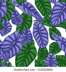 Seamless Tropical Background. Vector Leaves of Alocasia or Philodendron in Watercolor Style. Foliage of Jungle Plants. Exotic Seamless Pattern for Textile, Cloth Design, Fabric, Decor, Wrapping, Tile.