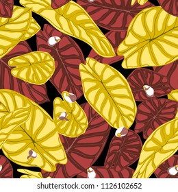 Seamless Tropical Background. Vector Leaves of Alocasia or Philodendron in Watercolor Style. Foliage of Jungle Plants. Exotic Seamless Pattern for Textile, Cloth Design, Fabric, Decor, Wrapping, Tile.