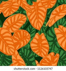 Seamless Tropical Background. Vector Leaves of Alocasia or Philodendron in Watercolor Style. Foliage of Jungle Plants. Exotic Seamless Pattern for Textile, Cloth Design, Fabric, Decor, Wrapping, Tile.