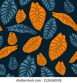Seamless Tropical Background. Vector Leaves of Alocasia or Philodendron in Watercolor Style. Foliage of Jungle Plants. Exotic Seamless Pattern for Textile, Cloth Design, Fabric, Decor, Wrapping, Tile.