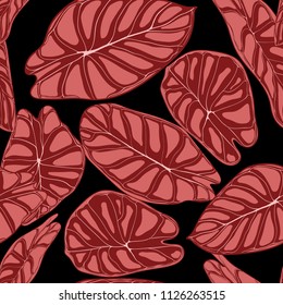 Seamless Tropical Background. Vector Leaves of Alocasia or Philodendron in Watercolor Style. Foliage of Jungle Plants. Exotic Seamless Pattern for Textile, Cloth Design, Fabric, Decor, Wrapping, Tile.