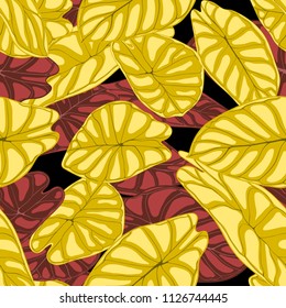 Seamless Tropical Background. Vector Leaves of Alocasia or Philodendron in Watercolor Style. Foliage of Jungle Plants. Exotic Seamless Pattern for Textile, Cloth Design, Fabric, Decor, Wrapping, Tile.