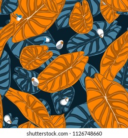 Seamless Tropical Background. Vector Leaves of Alocasia or Philodendron in Watercolor Style. Foliage of Jungle Plants. Exotic Seamless Pattern for Textile, Cloth Design, Fabric, Decor, Wrapping, Tile.