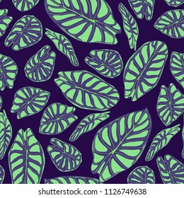 Seamless Tropical Background. Vector Leaves of Alocasia or Philodendron in Watercolor Style. Foliage of Jungle Plants. Exotic Seamless Pattern for Textile, Cloth Design, Fabric, Decor, Wrapping, Tile.