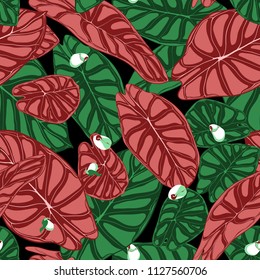Seamless Tropical Background. Vector Leaves of Alocasia or Philodendron in Watercolor Style. Foliage of Jungle Plants. Exotic Seamless Pattern for Textile, Cloth Design, Fabric, Decor, Wrapping, Tile.