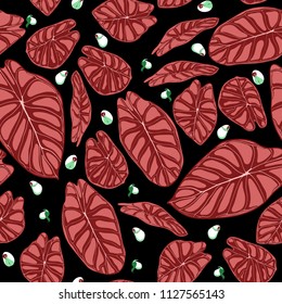 Seamless Tropical Background. Vector Leaves of Alocasia or Philodendron in Watercolor Style. Foliage of Jungle Plants. Exotic Seamless Pattern for Textile, Cloth Design, Fabric, Decor, Wrapping, Tile.