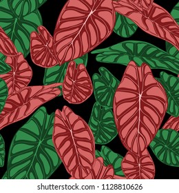 Seamless Tropical Background. Vector Leaves of Alocasia or Philodendron in Watercolor Style. Foliage of Jungle Plants. Exotic Seamless Pattern for Textile, Cloth Design, Fabric, Decor, Wrapping, Tile.