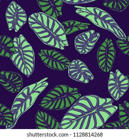 Seamless Tropical Background. Vector Leaves of Alocasia or Philodendron in Watercolor Style. Foliage of Jungle Plants. Exotic Seamless Pattern for Textile, Cloth Design, Fabric, Decor, Wrapping, Tile.