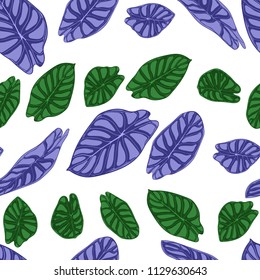 Seamless Tropical Background. Vector Leaves of Alocasia or Philodendron in Watercolor Style. Foliage of Jungle Plants. Exotic Seamless Pattern for Textile, Cloth Design, Fabric, Decor, Wrapping, Tile.