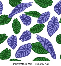 Seamless Tropical Background. Vector Leaves of Alocasia or Philodendron in Watercolor Style. Foliage of Jungle Plants. Exotic Seamless Pattern for Textile, Cloth Design, Fabric, Decor, Wrapping, Tile.