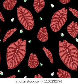 Seamless Tropical Background. Vector Leaves of Alocasia or Philodendron in Watercolor Style. Foliage of Jungle Plants. Exotic Seamless Pattern for Textile, Cloth Design, Fabric, Decor, Wrapping, Tile.