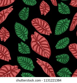 Seamless Tropical Background. Vector Leaves of Alocasia or Philodendron in Watercolor Style. Foliage of Jungle Plants. Exotic Seamless Pattern for Textile, Cloth Design, Fabric, Decor, Wrapping, Tile.