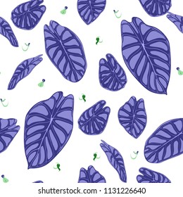 Seamless Tropical Background. Vector Leaves of Alocasia or Philodendron in Watercolor Style. Foliage of Jungle Plants. Exotic Seamless Pattern for Textile, Cloth Design, Fabric, Decor, Wrapping, Tile.