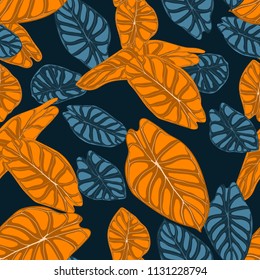 Seamless Tropical Background. Vector Leaves of Alocasia or Philodendron in Watercolor Style. Foliage of Jungle Plants. Exotic Seamless Pattern for Textile, Cloth Design, Fabric, Decor, Wrapping, Tile.
