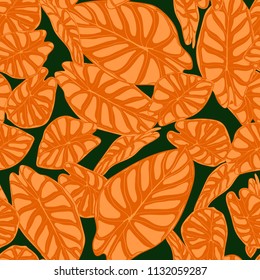 Seamless Tropical Background. Vector Leaves of Alocasia or Philodendron in Watercolor Style. Foliage of Jungle Plants. Exotic Seamless Pattern for Textile, Cloth Design, Fabric, Decor, Wrapping, Tile.