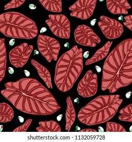 Seamless Tropical Background. Vector Leaves of Alocasia or Philodendron in Watercolor Style. Foliage of Jungle Plants. Exotic Seamless Pattern for Textile, Cloth Design, Fabric, Decor, Wrapping, Tile.
