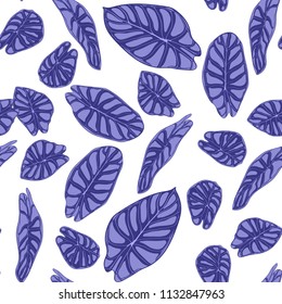Seamless Tropical Background. Vector Leaves of Alocasia or Philodendron in Watercolor Style. Foliage of Jungle Plants. Exotic Seamless Pattern for Textile, Cloth Design, Fabric, Decor, Wrapping, Tile.