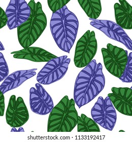 Seamless Tropical Background. Vector Leaves of Alocasia or Philodendron in Watercolor Style. Foliage of Jungle Plants. Exotic Seamless Pattern for Textile, Cloth Design, Fabric, Decor, Wrapping, Tile.