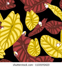 Seamless Tropical Background. Vector Leaves of Alocasia or Philodendron in Watercolor Style. Foliage of Jungle Plants. Exotic Seamless Pattern for Textile, Cloth Design, Fabric, Decor, Wrapping, Tile.