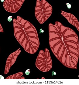 Seamless Tropical Background. Vector Leaves of Alocasia or Philodendron in Watercolor Style. Foliage of Jungle Plants. Exotic Seamless Pattern for Textile, Cloth Design, Fabric, Decor, Wrapping, Tile.