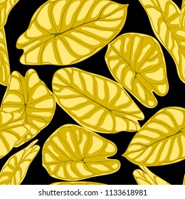 Seamless Tropical Background. Vector Leaves of Alocasia or Philodendron in Watercolor Style. Foliage of Jungle Plants. Exotic Seamless Pattern for Textile, Cloth Design, Fabric, Decor, Wrapping, Tile.