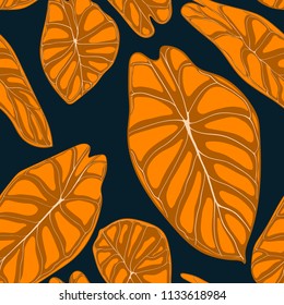 Seamless Tropical Background. Vector Leaves of Alocasia or Philodendron in Watercolor Style. Foliage of Jungle Plants. Exotic Seamless Pattern for Textile, Cloth Design, Fabric, Decor, Wrapping, Tile.