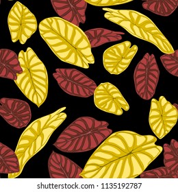 Seamless Tropical Background. Vector Leaves of Alocasia or Philodendron in Watercolor Style. Foliage of Jungle Plants. Exotic Seamless Pattern for Textile, Cloth Design, Fabric, Decor, Wrapping, Tile.