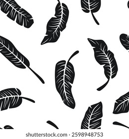 Seamless Tropical Banana Leaf Pattern, Vector Illustration. Black And White Exotic Foliage Background. Monochrome Hand Drawn Botanical, Modern Minimalist Jungle Pattern for Textile, Wallpaper Design