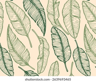 Seamless tropical banana leaf pattern in hand drawn style. Various green shades on beige background. Ideal for textiles, wallpapers, or summer themed designs.