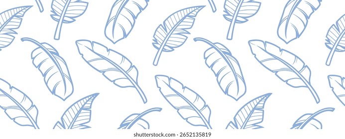 Seamless tropical banana leaf pattern in minimal blue line art, ideal for nature backgrounds, botanical textiles, eco-friendly packaging, wallpapers, and stylish organic-themed designs.