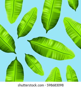 Seamless tropical banana leaves pattern on blue background vector illustration