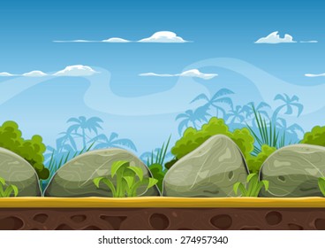 Seamless Tropical Beach Landscape For UI Game/
Illustration of a cartoon seamless summer tropical beach ocean background with palm trees, coconuts, boulders, stones for UI game