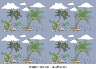 Seamless tropical beach pattern featuring coconut palm trees, sandy shoreline, coconuts, tropical bird, snail, clouds and coastal landscape. Hand drawn vector background with nature elements, perfect for fabric, wallpaper, wrapping paper, textile, packaging and summer themed designs.