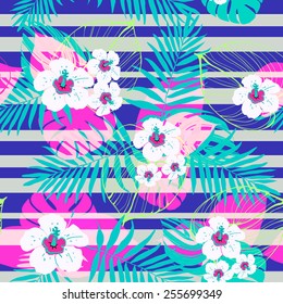 Seamless tropical Beautiful seamless floral pattern with stripes background.