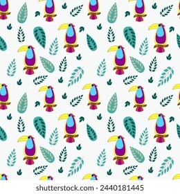 Patrón de aves tropicales sin costuras. Patrón con tucán y hojas	