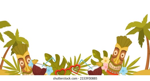 Seamless tropical border with Tiki mask, Plumeria flowers, coconut cocktail, monstera leaves, palm tree and sun glasses. Vector hawaiian border for wallpaper, packaging, banner and more.